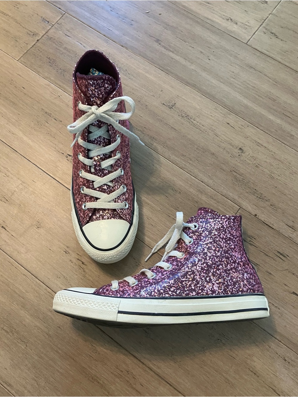 Converse All Star high tops laced sparkly pinks women’s sneakers. Size 8